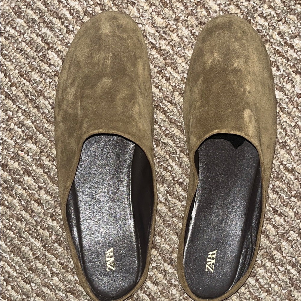 Zara Olive Suede Slip-On Loafers